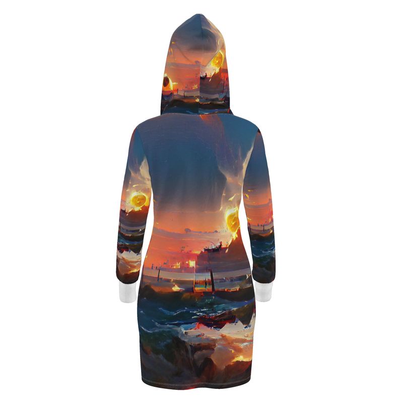 Sunset - Purple, Blue & Orange Kangaroo Front Pocket, Mini Dress With Long Sleeves, Hooded Dress With Drawstring, Rox Sports Or Ponte Jersey Hoodie Dress