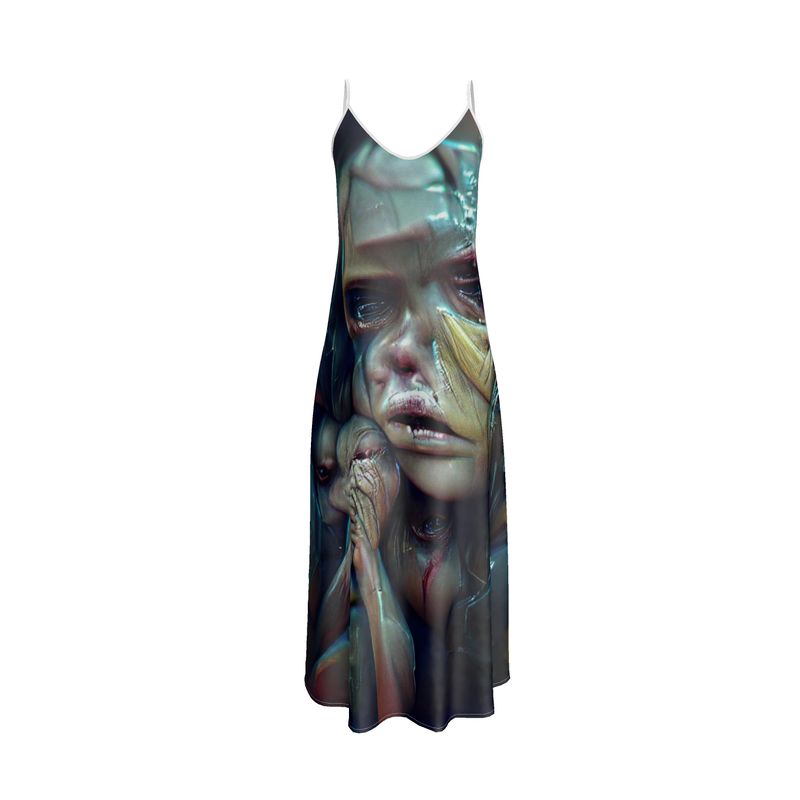 Vulnerable - Graphic Blue & Black Tapered Waist, Flared Bottom Slip Dress