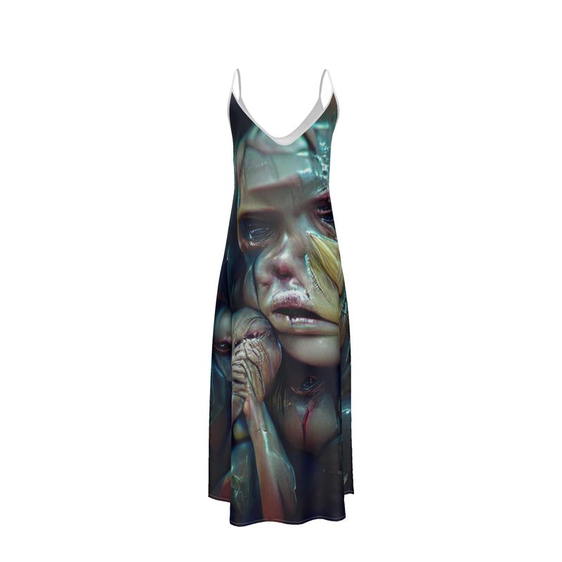 Vulnerable - Graphic Blue & Black Tapered Waist, Flared Bottom Slip Dress