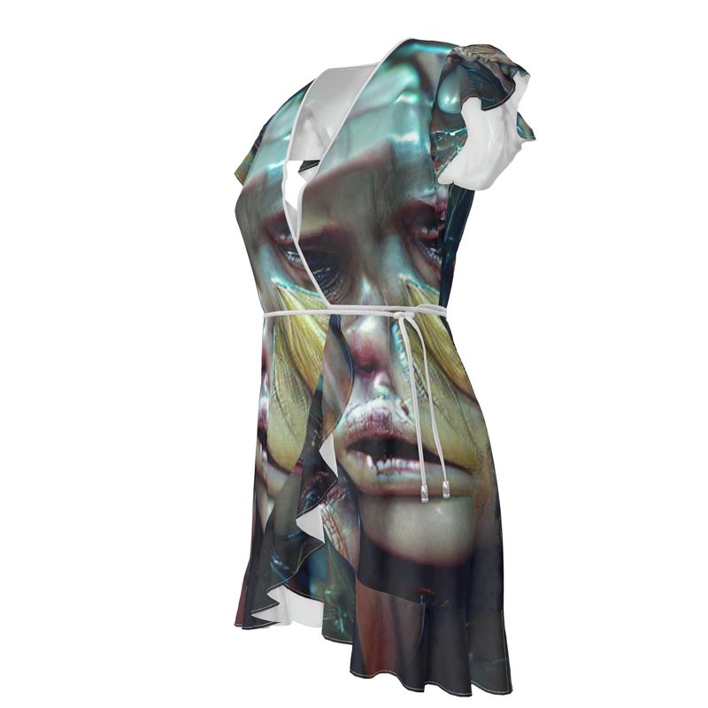 Vulnerable - Graphic Blue & Black Flounce Hem & Armholes, Waist Tie, Wrap Design, Fashion Crepe Or Smooth Crepe Tea Dress