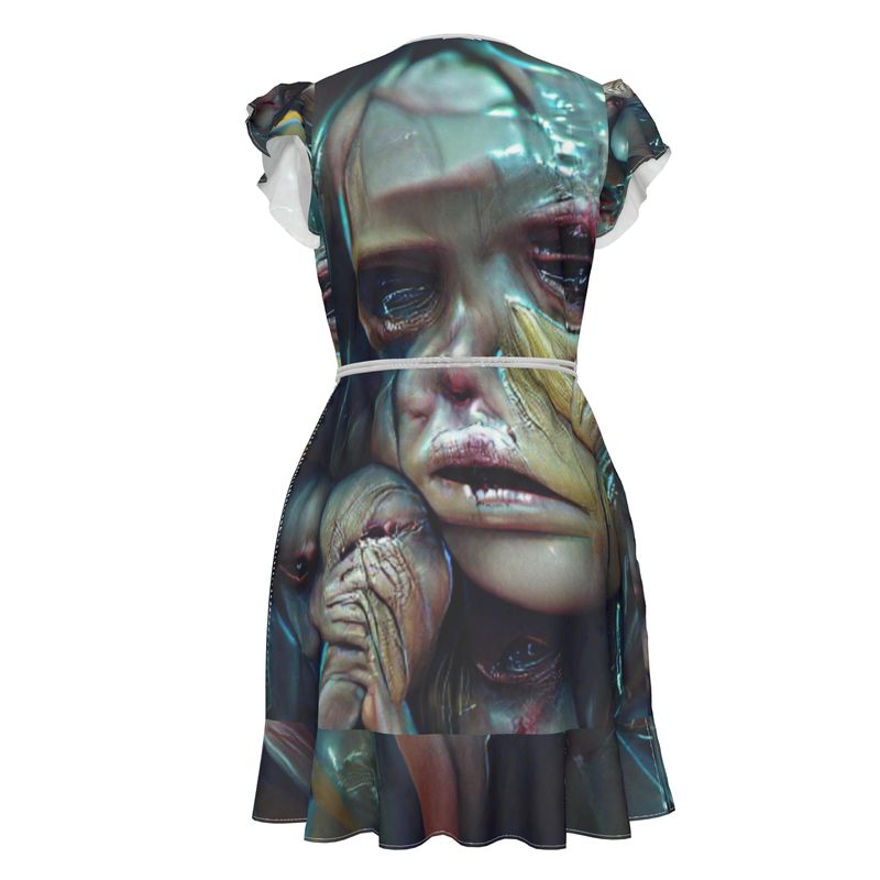 Vulnerable - Graphic Blue & Black Flounce Hem & Armholes, Waist Tie, Wrap Design, Fashion Crepe Or Smooth Crepe Tea Dress