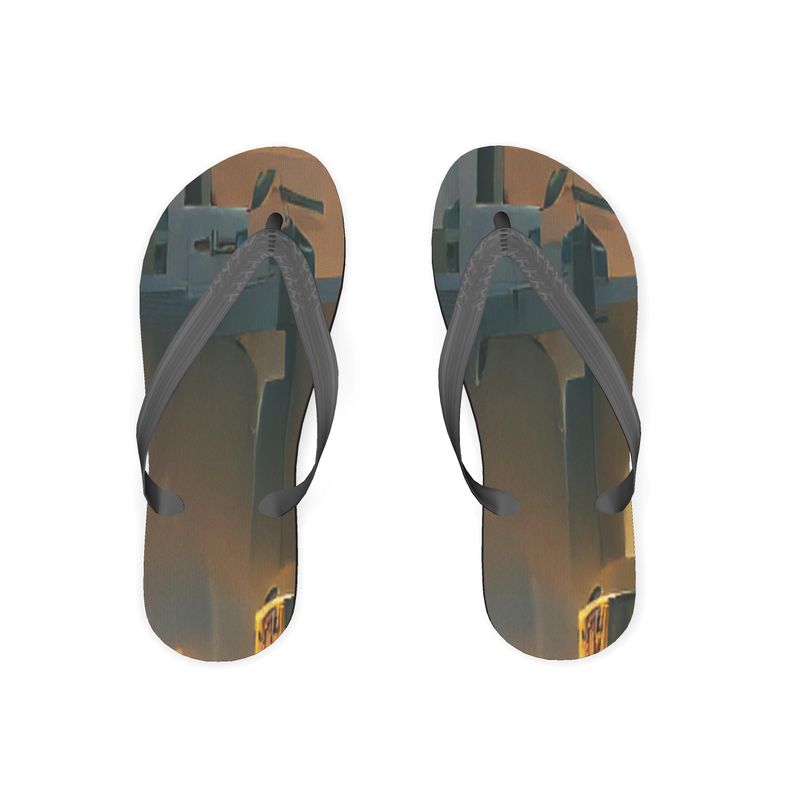 Burning Castle - Orange & Brown Plastic Straps, Covered With Poly-Satin, Sturdy Foam Base Flip Flops