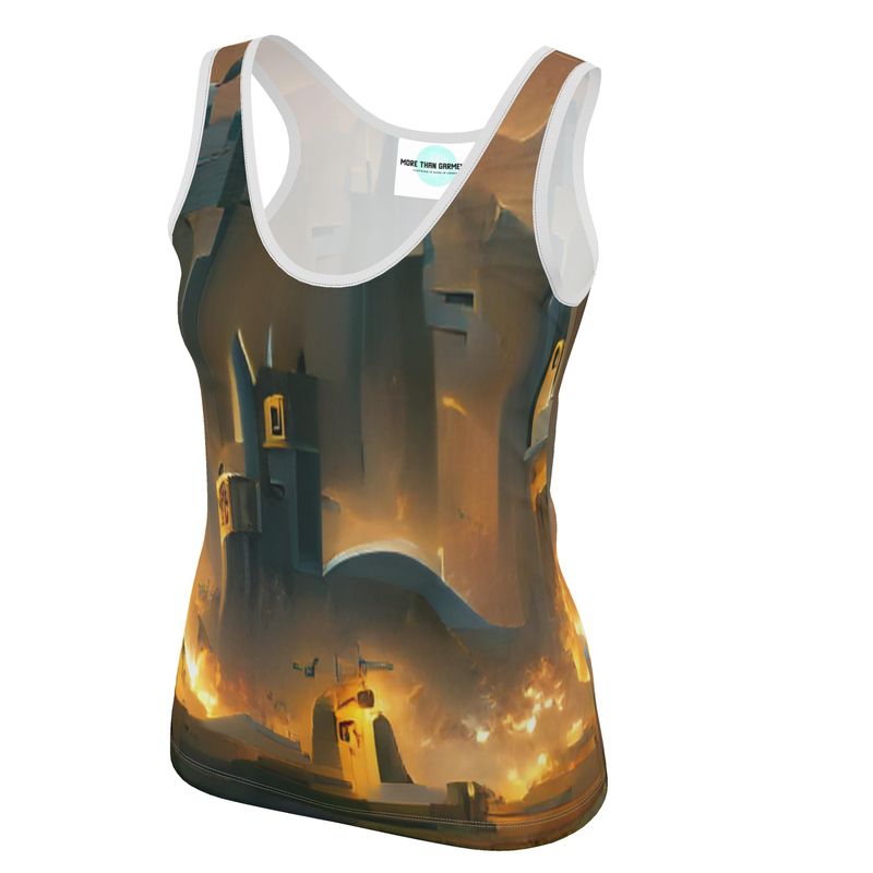 Burning Castle - Orange & Brown Scoop Neck, Higher At The Back Ladies Vest Top