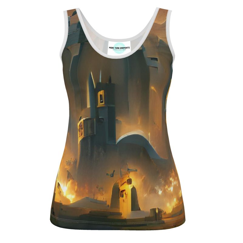 Burning Castle - Orange & Brown Scoop Neck, Higher At The Back Ladies Vest Top