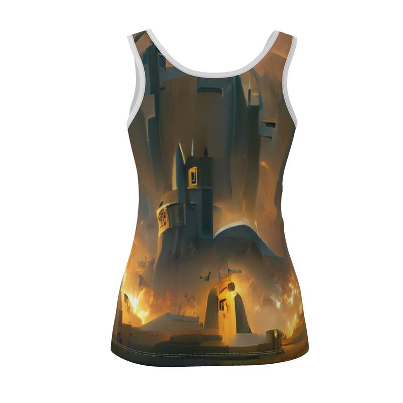 Burning Castle - Orange & Brown Scoop Neck, Higher At The Back Ladies Vest Top