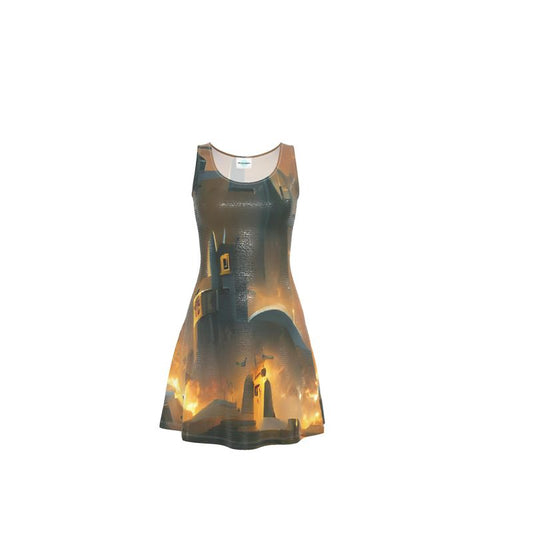 Burning Castle - Orange & Brown Crush Velour - Stretchy & Shimmery Chain Jersey - Lightweight & Breathable A-Line Skater Dress