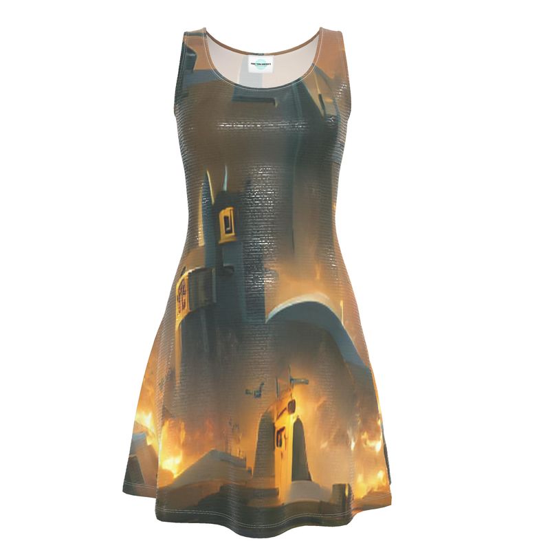 Burning Castle - Orange & Brown Crush Velour - Stretchy & Shimmery Chain Jersey - Lightweight & Breathable A-Line Skater Dress