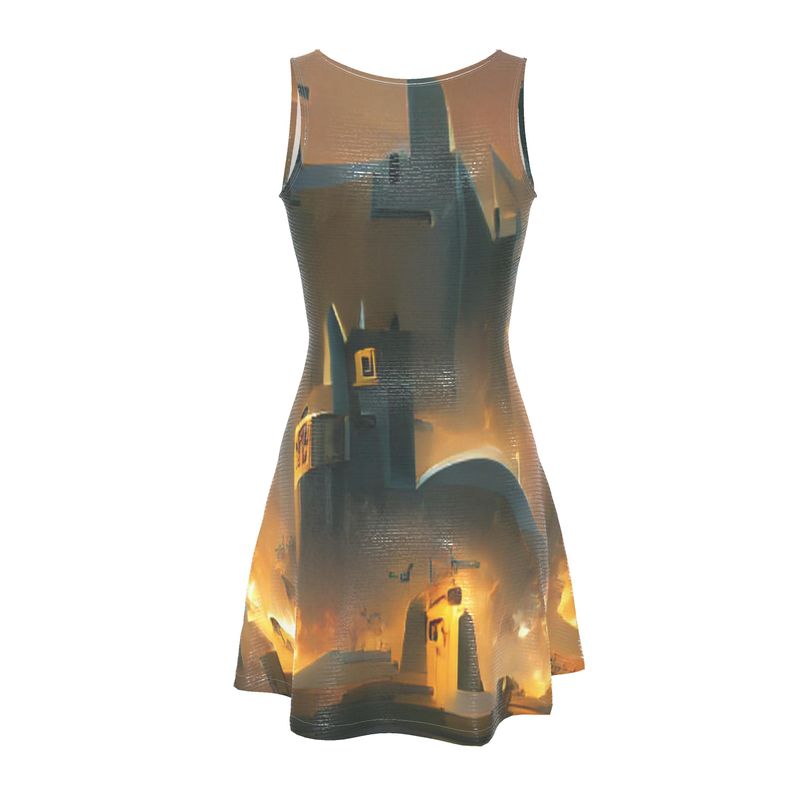 Burning Castle - Orange & Brown Crush Velour - Stretchy & Shimmery Chain Jersey - Lightweight & Breathable A-Line Skater Dress