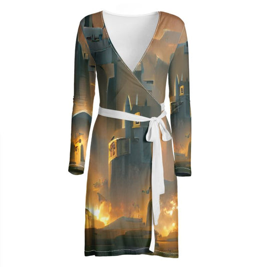 Burning Castle - Orange & Brown Above Knee Wraparound Dress, V-Neck Long Sleeves, Wrap Dress