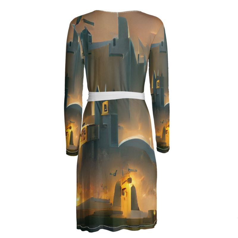 Burning Castle - Orange & Brown Above Knee Wraparound Dress, V-Neck Long Sleeves, Wrap Dress