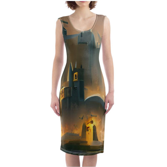 Burning Castle - Orange & Brown Silky, Slim Fit Split Leg Bodycon Dress