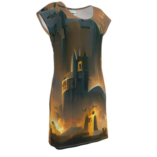 Burning Castle - Orange & Brown Easily Transform From Casual To Smart, Full Print Ladies Tunic T-Shirt