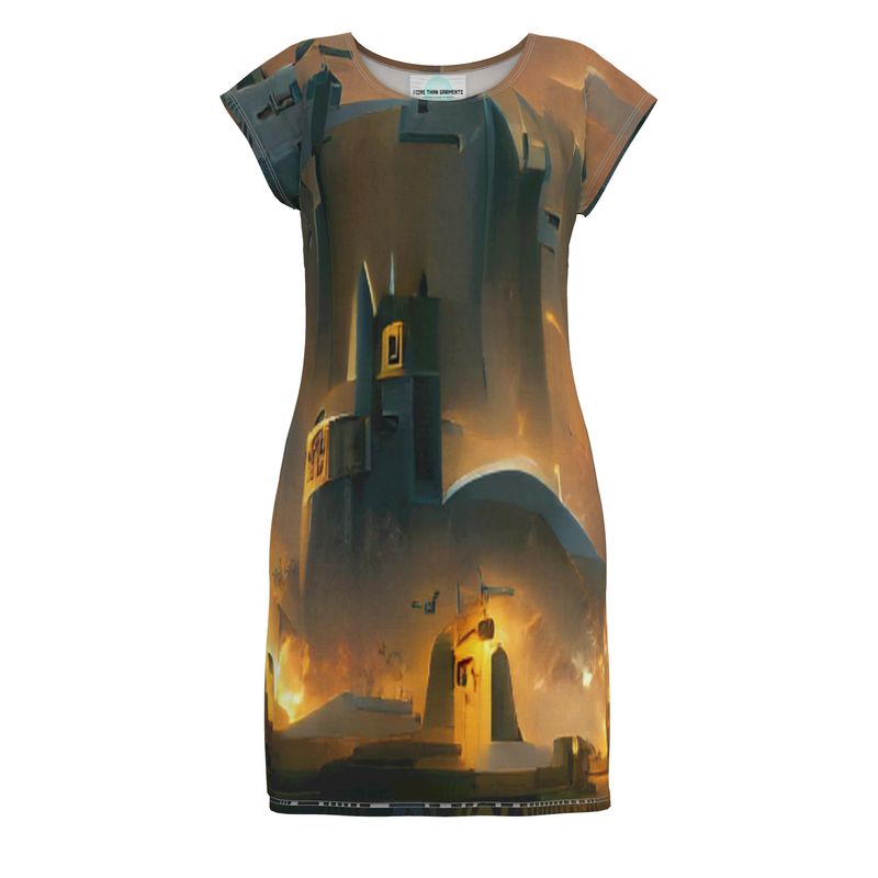 Burning Castle - Orange & Brown Easily Transform From Casual To Smart, Full Print Ladies Tunic T-Shirt