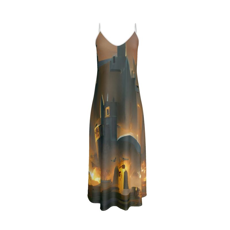 Burning Castle - Orange & Brown Tapered Waist, Flared Bottom Slip Dress