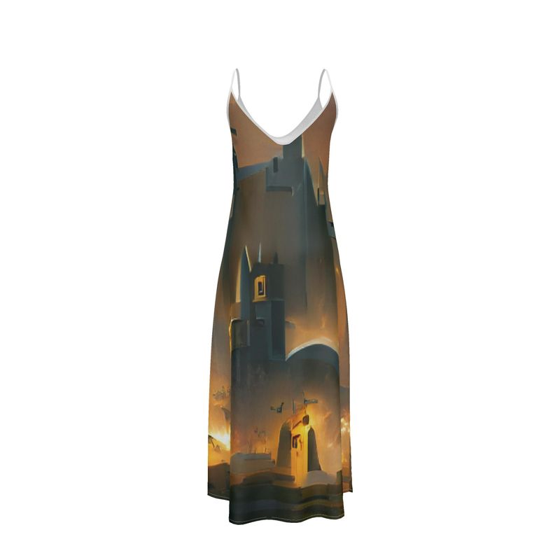 Burning Castle - Orange & Brown Tapered Waist, Flared Bottom Slip Dress