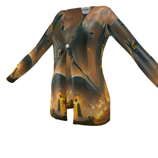 Burning Castle - Orange & Brown Drop Pockets & Waterfall Front V-Neck, Long Sleeves, Single Button, Jersey Knit Fabric, Ladies Cardigan With Pockets