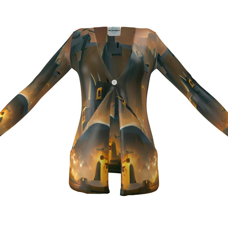 Burning Castle - Orange & Brown Drop Pockets & Waterfall Front V-Neck, Long Sleeves, Single Button, Jersey Knit Fabric, Ladies Cardigan With Pockets