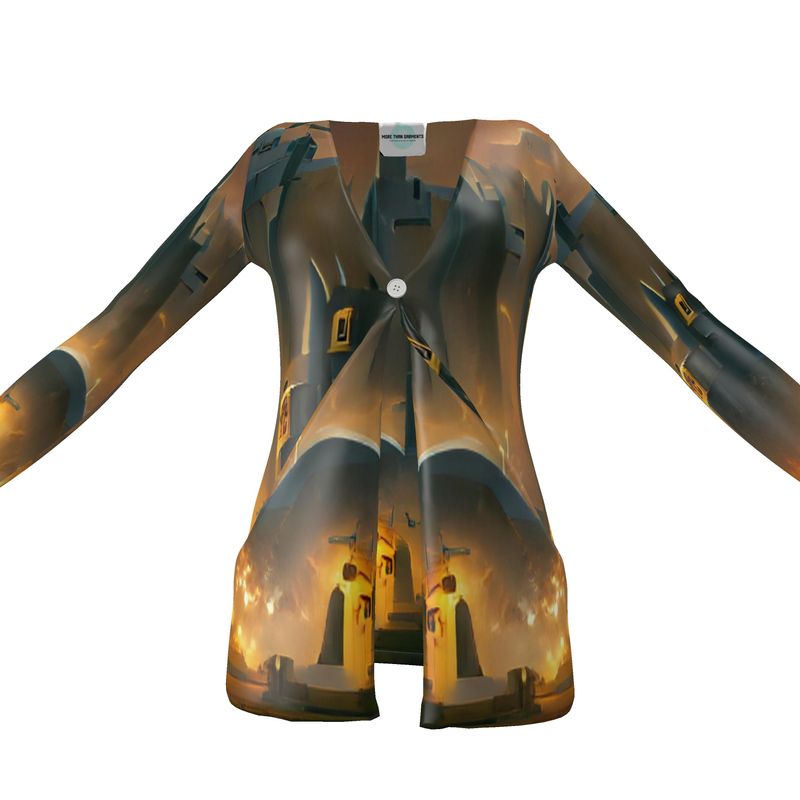 Burning Castle - Orange & Brown Drop Pockets & Waterfall Front V-Neck, Long Sleeves, Single Button, Jersey Knit Fabric, Ladies Cardigan With Pockets