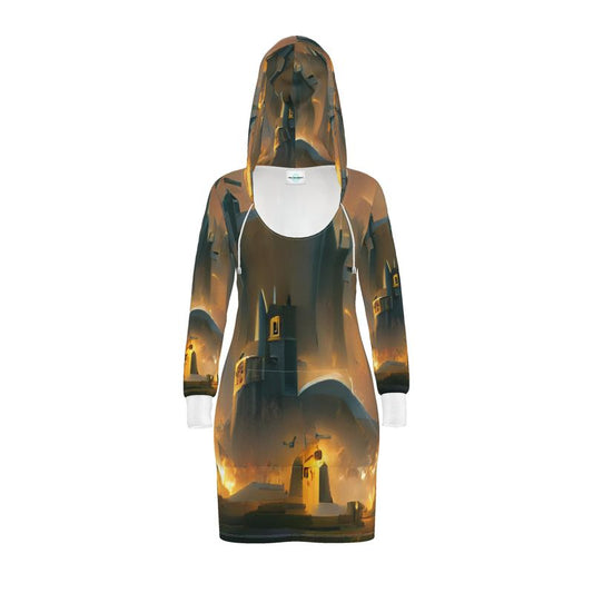 Burning Castle - Orange & Brown Kangaroo Front Pocket, Mini Dress With Long Sleeves, Hooded Dress With Drawstring, Rox Sports Or Ponte Jersey Hoodie Dress