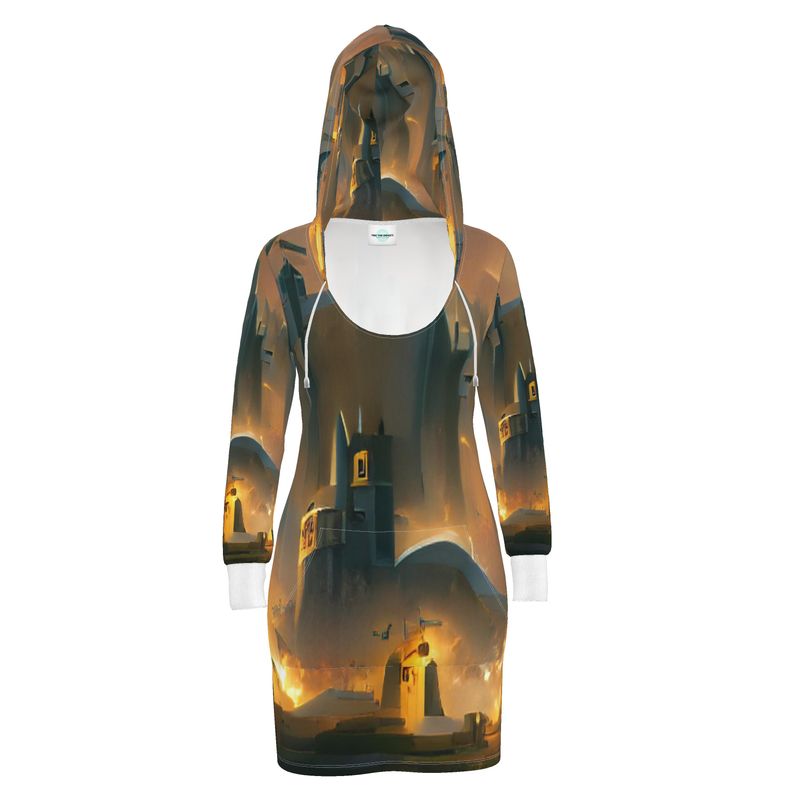 Burning Castle - Orange & Brown Kangaroo Front Pocket, Mini Dress With Long Sleeves, Hooded Dress With Drawstring, Rox Sports Or Ponte Jersey Hoodie Dress