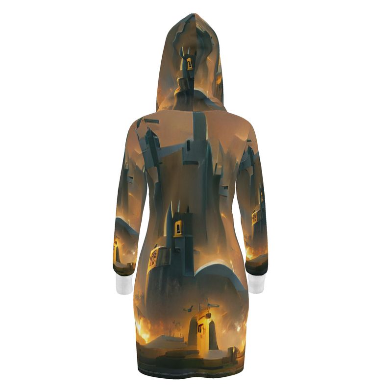 Burning Castle - Orange & Brown Kangaroo Front Pocket, Mini Dress With Long Sleeves, Hooded Dress With Drawstring, Rox Sports Or Ponte Jersey Hoodie Dress