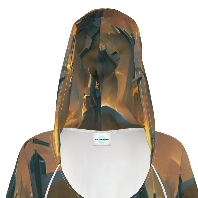 Burning Castle - Orange & Brown Kangaroo Front Pocket, Mini Dress With Long Sleeves, Hooded Dress With Drawstring, Rox Sports Or Ponte Jersey Hoodie Dress