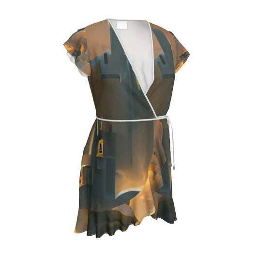 Burning Castle - Orange & Brown Flounce Hem & Armholes, Waist Tie, Wrap Design, Fashion Crepe Or Smooth Crepe Tea Dress