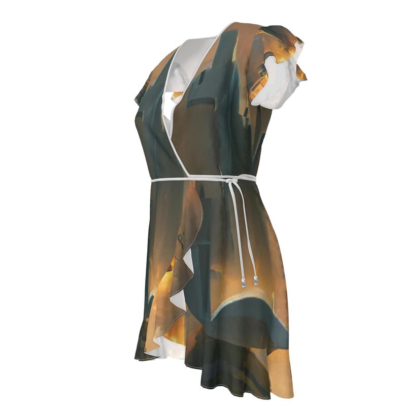 Burning Castle - Orange & Brown Flounce Hem & Armholes, Waist Tie, Wrap Design, Fashion Crepe Or Smooth Crepe Tea Dress