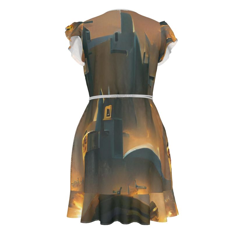 Burning Castle - Orange & Brown Flounce Hem & Armholes, Waist Tie, Wrap Design, Fashion Crepe Or Smooth Crepe Tea Dress