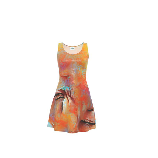 Self-Compassionate - Orange & Blue Crush Velour - Stretchy & Shimmery Chain Jersey - Lightweight & Breathable A-Line Skater Dress