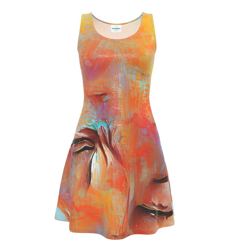 Self-Compassionate - Orange & Blue Crush Velour - Stretchy & Shimmery Chain Jersey - Lightweight & Breathable A-Line Skater Dress