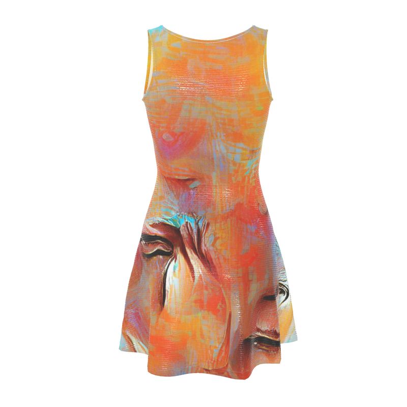 Self-Compassionate - Orange & Blue Crush Velour - Stretchy & Shimmery Chain Jersey - Lightweight & Breathable A-Line Skater Dress