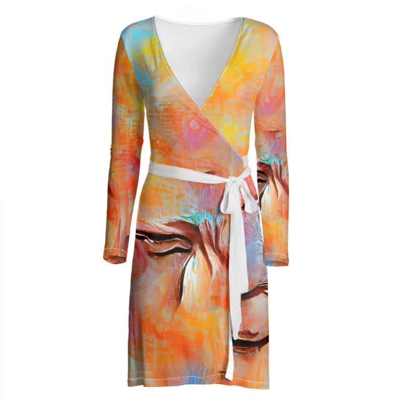 Self-Compassionate - Orange & BlueAbove Knee Wraparound Dress, V-Neck Long Sleeves, Wrap Dress