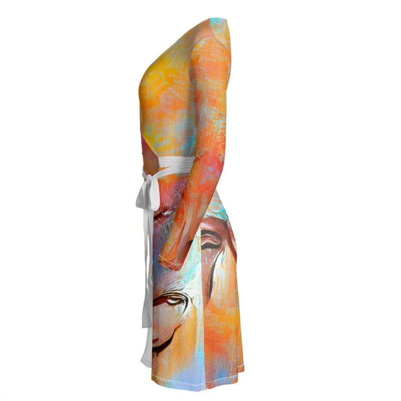 Self-Compassionate - Orange & BlueAbove Knee Wraparound Dress, V-Neck Long Sleeves, Wrap Dress