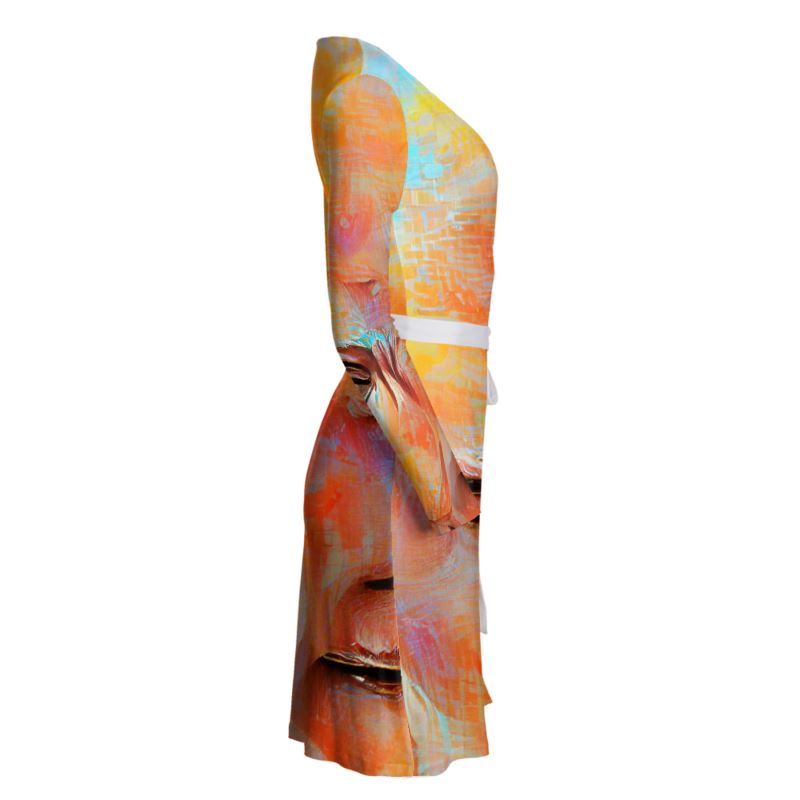 Self-Compassionate - Orange & BlueAbove Knee Wraparound Dress, V-Neck Long Sleeves, Wrap Dress