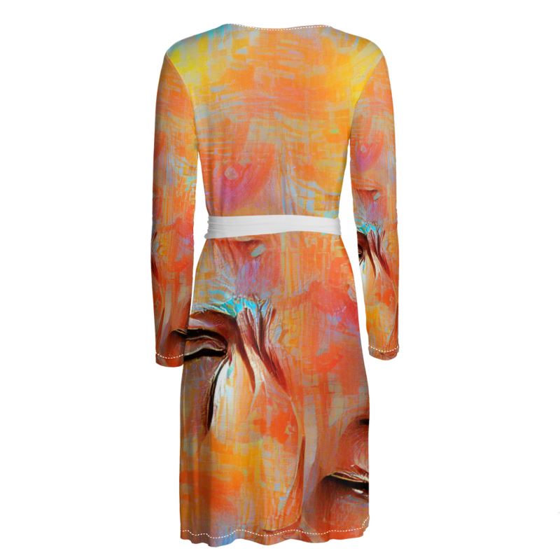 Self-Compassionate - Orange & BlueAbove Knee Wraparound Dress, V-Neck Long Sleeves, Wrap Dress