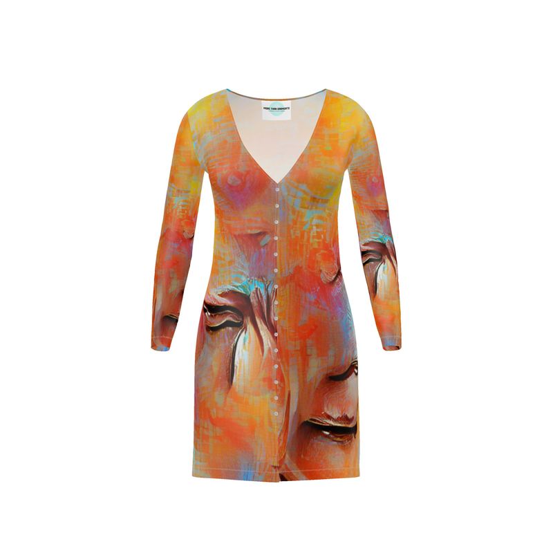 Self-Compassionate - Orange & Blue V-Neck, Button Through Top To Bottom Ladies Cardigan