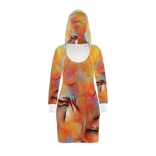 Self-Compassionate - Orange & Blue Kangaroo Front Pocket, Mini Dress With Long Sleeves, Hooded Dress With Drawstring, Rox Sports Or Ponte Jersey Hoodie Dress