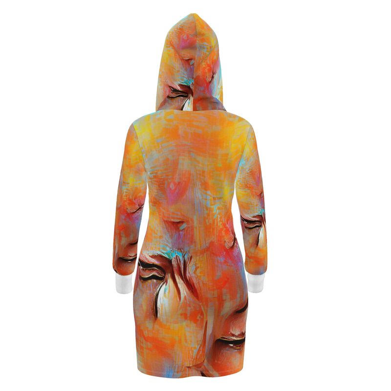 Self-Compassionate - Orange & Blue Kangaroo Front Pocket, Mini Dress With Long Sleeves, Hooded Dress With Drawstring, Rox Sports Or Ponte Jersey Hoodie Dress