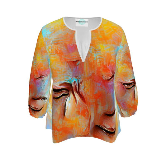 Self-Compassionate - Orange & Blue Rounded Slot Neckline, 3/4 Length Elasticated Sleeves Women's Blouse