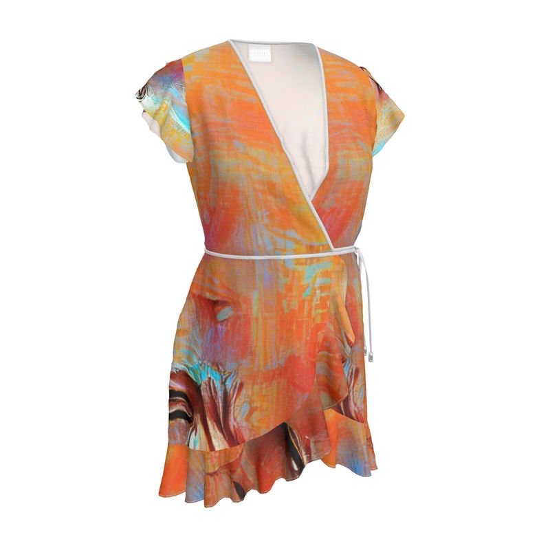 Self-Compassionate - Orange & Blue Flounce Hem & Armholes, Waist Tie, Wrap Design, Fashion Crepe Or Smooth Crepe Tea Dress