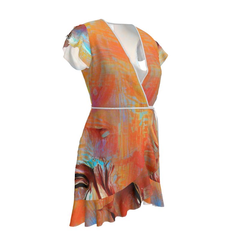 Self-Compassionate - Orange & Blue Flounce Hem & Armholes, Waist Tie, Wrap Design, Fashion Crepe Or Smooth Crepe Tea Dress