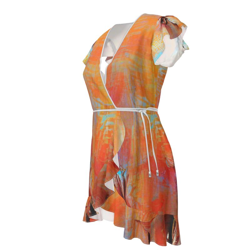 Self-Compassionate - Orange & Blue Flounce Hem & Armholes, Waist Tie, Wrap Design, Fashion Crepe Or Smooth Crepe Tea Dress