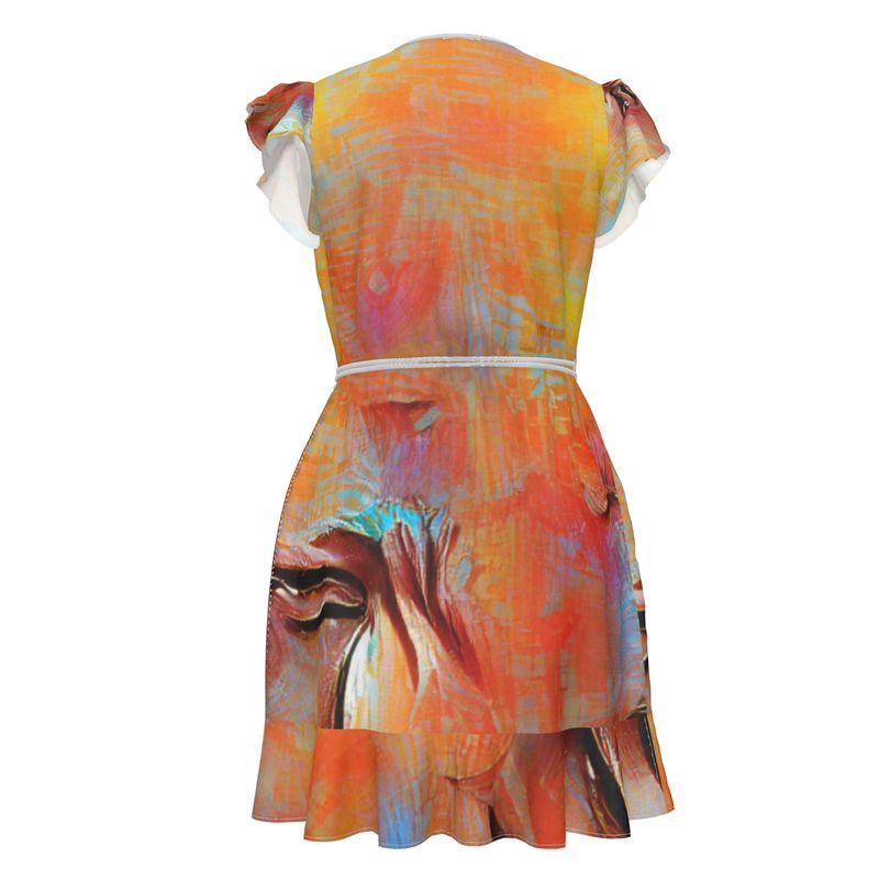 Self-Compassionate - Orange & Blue Flounce Hem & Armholes, Waist Tie, Wrap Design, Fashion Crepe Or Smooth Crepe Tea Dress