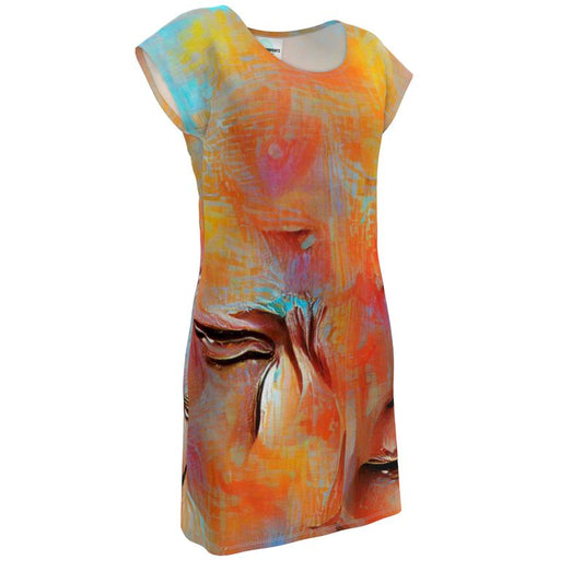Self-Compassionate - Orange & Blue Easily Transform From Casual To Smart, Full Print Ladies Tunic T-Shirt