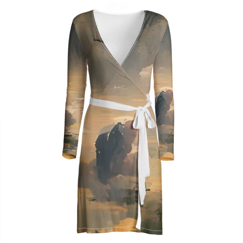 Stuck - Beige Above Knee Wraparound Dress, V-Neck Long Sleeves, Wrap Dress