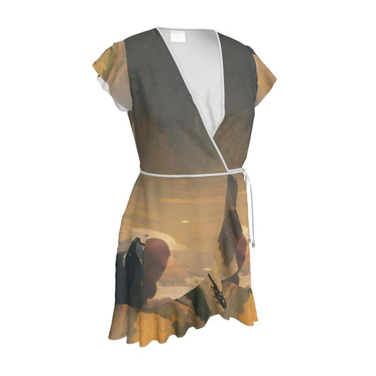 Stuck - Beige Flounce Hem & Armholes, Waist Tie, Wrap Design, Fashion Crepe Or Smooth Crepe Tea Dress