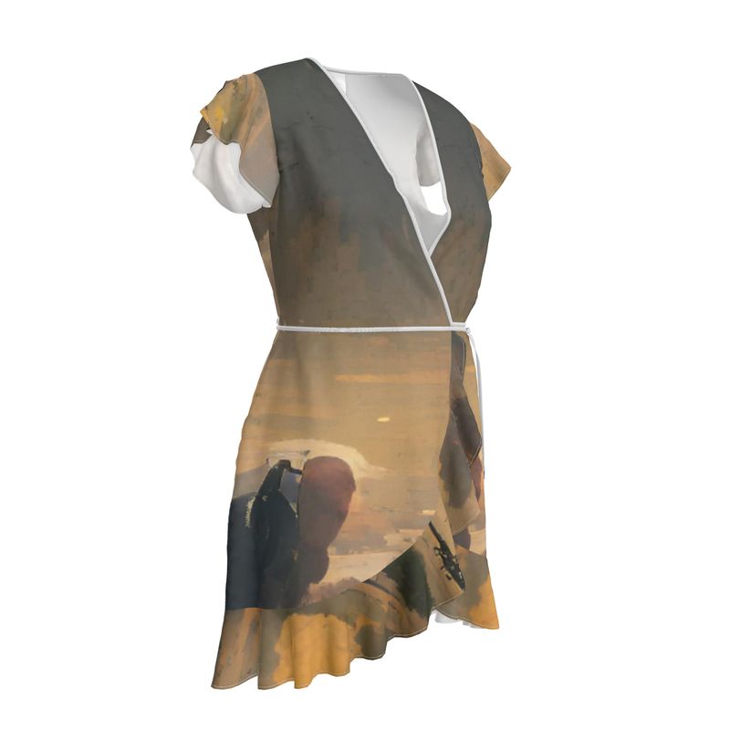 Stuck - Beige Flounce Hem & Armholes, Waist Tie, Wrap Design, Fashion Crepe Or Smooth Crepe Tea Dress