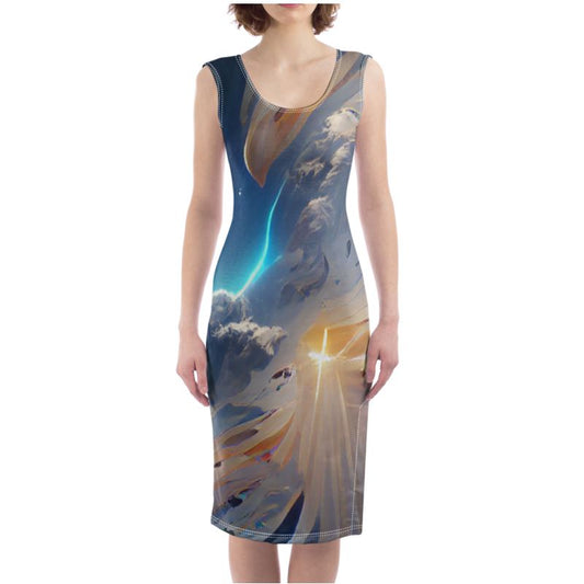 The First Day Of The Heavens - White & Grey Silky, Slim Fit Split Leg Bodycon Dress