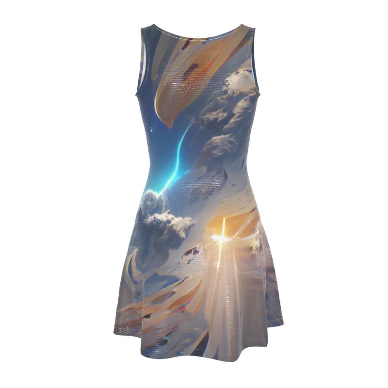 The First Day Of The Heavens - White & Grey Crush Velour - Stretchy & Shimmery Chain Jersey - Lightweight & Breathable A-Line Skater Dress